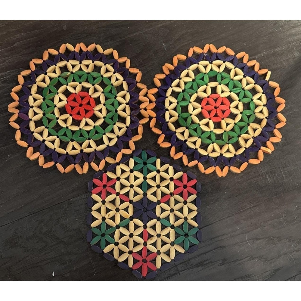 Vintage Beaded Wooden Trivets Hot Pads Flower Power Boho Octagonal Set Of 3 #1